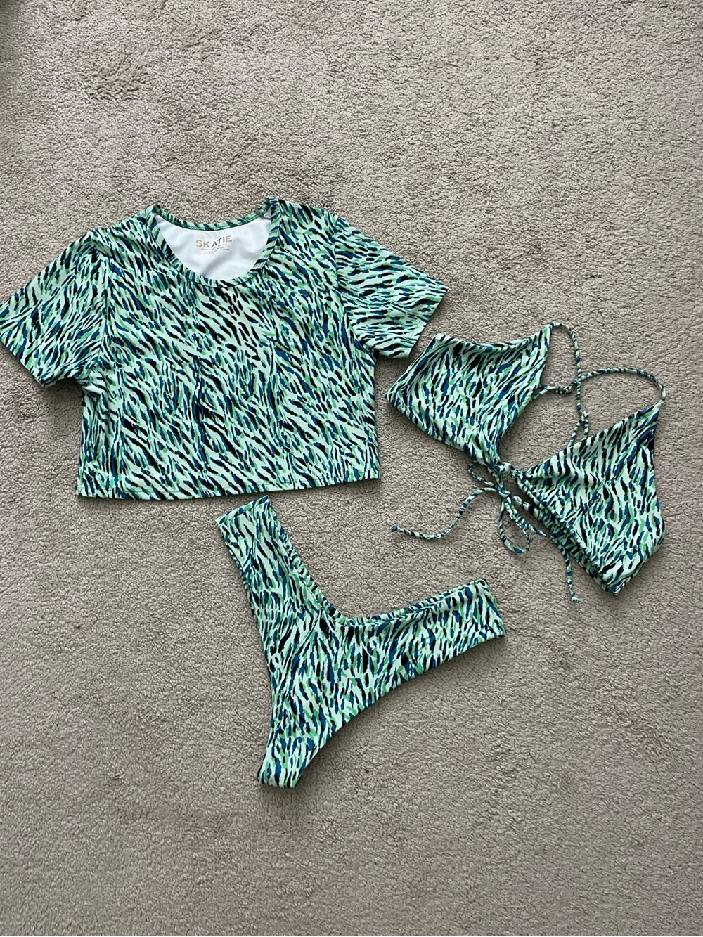 Skatie - Green Animal Print Bikini Set and Crop Top
